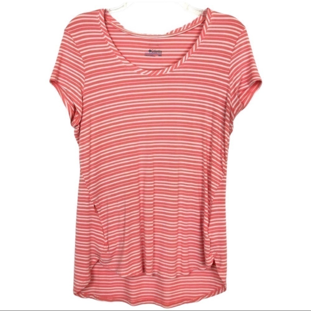 Columbia Coral Orange White Striped Short Sleeve Shirt Size M